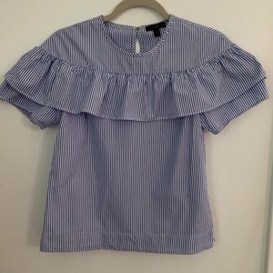 J. Crew Blue and White Striped Ruffle-Trim Blouse